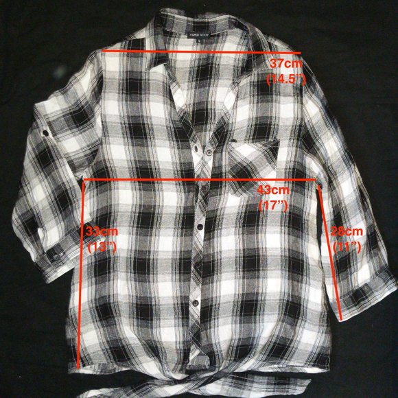 4/$20 | Black & White Plaid Button Up Shirt with tie knot on front bottom - Picture 2 of 10